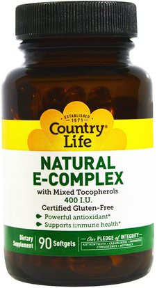 Country Life, Natural E-Complex, with Mixed Tocopherols, 400 IU, 90 Softgels ,الفيتامينات، فيتامين e توكوترينولس
