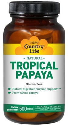 Country Life, Natural, Tropical Papaya, 500 Wafers ,المكملات الغذائية، والانزيمات، البابايا غراء