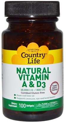 Country Life, Natural Vitamin A & D3, 10,000 IU/400 IU, 100 Softgels ,الفيتامينات، فيتامين أ & د