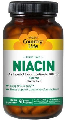 Country Life, Niacin, Flush-Free, 400 mg, 90 Vegan Caps ,الفيتامينات، فيتامين ب، فيتامين b3، فيتامين b3 - النياسين