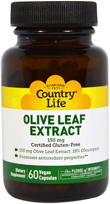 Country Life, Olive Leaf Extract, 150 mg, 60 Veggie Caps ,الصحة، إنفلونزا البرد، &، فيروسي، ورقة للنبات الزيتون