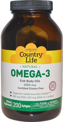Country Life, Omega-3, 1000 mg, 200 Softgels ,المكملات الغذائية، إيفا أوميجا 3 6 9 (إيبا دا)، زيت السمك