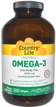 Country Life, Omega-3, 1000 mg, 300 Softgels ,المكملات الغذائية، إيفا أوميجا 3 6 9 (إيبا دا)، زيت السمك