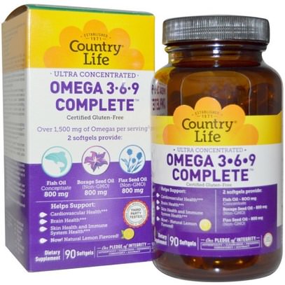 Country Life, Ultra Concentrated Omega 3-6-9 Complete, Natural Lemon, 90 Softgels ,المكملات الغذائية، إيفا أوميجا 3 6 9 (إيبا دا)، زيت السمك