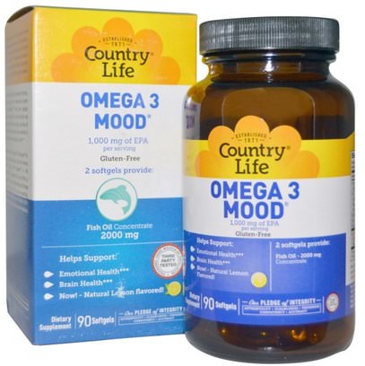 Country Life, Omega 3 Mood, Natural Lemon Flavored, 90 Softgels ,الصحة، ومكافحة الإجهاد، والمكملات الغذائية، إيفا أوميجا 3 6 9 (إيبا دا)، إيبا