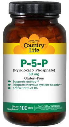 Country Life, P-5-P (Pyridoxal 5 Phosphate), 50 mg, 100 Tablets ,الفيتامينات، فيتامين b6 - البيريدوكسين، ص 5 ص (بيريدوكسال 5 الفوسفات)