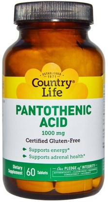 Country Life, Pantothenic Acid, 1000 mg, 60 Tablets ,الفيتامينات، فيتامين b5 - حمض البانتوثنيك