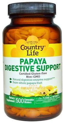 Country Life, Papaya Digestive Support, Pineapple Papaya Flavor, 500 Chewable Wafers ,المكملات الغذائية، الانزيمات، البابايا غراء، الانزيمات الهاضمة