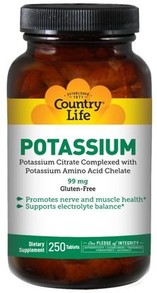 Country Life, Potassium, 99 mg, 250 Tablets ,المكملات الغذائية، المعادن، البوتاسيوم