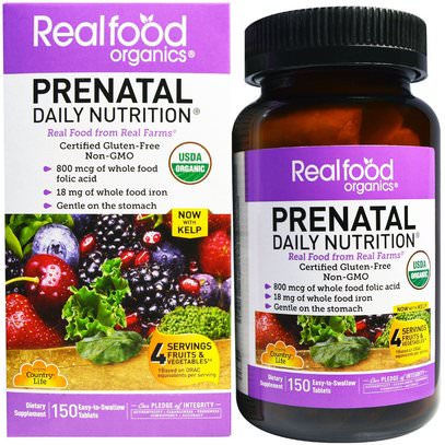 Country Life, Realfood Organics, Prenatal, Daily Nutrition, 150 Tablets ,الفيتامينات، الفيتامينات قبل الولادة