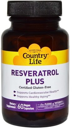 Country Life, Resveratrol Plus, 60 Vegan Caps ,المكملات الغذائية، ريسفيراترول، مضادات الأكسدة، العنب استخراج الجلد