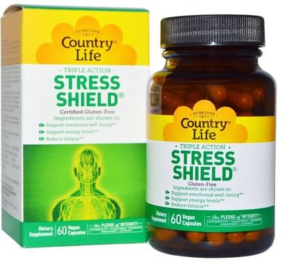 Country Life, Stress Shield, Triple Action, 60 Vegan Caps ,الصحة، ومكافحة الإجهاد، والمكملات الغذائية، 5-هتب