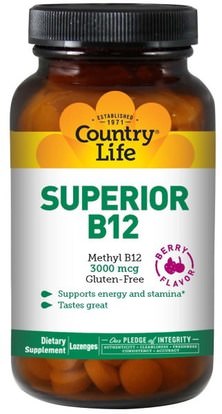 Country Life, Superior B12, Berry Flavor, 3000 mcg, 120 Sublingual Lozenges ,الفيتامينات، فيتامين b12