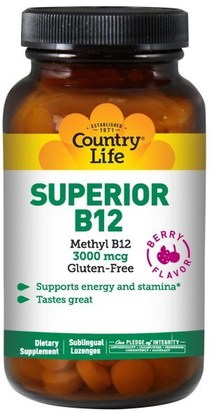 Country Life, Superior B12, Berry Flavor, 3000 mcg, 50 Sublingual Lozenges ,الفيتامينات، فيتامين b12