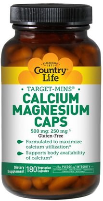 Country Life, Target-Mins, Calcium Magnesium Caps, 180 Veggie Caps ,والملاحق، والمعادن