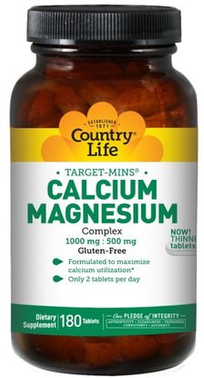 Country Life, Target-Mins, Calcium-Magnesium Complex, 180 Tablets ,والمكملات الغذائية، والمعادن، والكالسيوم والمغنيسيوم