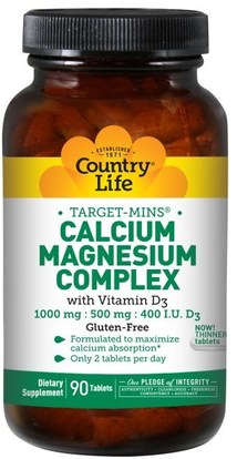 Country Life, Target-Mins, Calcium Magnesium Complex, with Vitamin D3, 90 Tablets ,والمكملات، والأحماض الأمينية، والمعادن، والكالسيوم والمغنيسيوم
