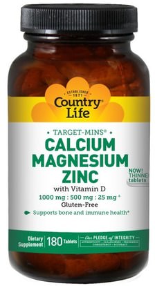 Country Life, Target-Mins, Calcium Magnesium Zinc, 180 Tablets ,والمكملات الغذائية، والمعادن، والكالسيوم والمغنيسيوم