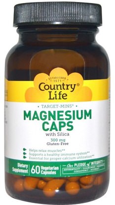 Country Life, Target-Mins, Magnesium Caps, 300 mg, 60 Vegetarian Capsules ,المكملات الغذائية، المعادن، المغنيسيوم