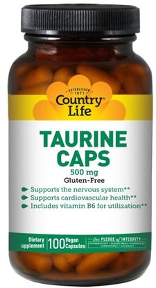 Country Life, Taurine Caps, 500 mg, 100 Vegan Caps ,المكملات الغذائية، والأحماض الأمينية، التورين