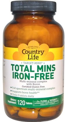 Country Life, Total Mins Iron-Free, Multi-Mineral Complex with Boron, 120 Tablets ,المكملات الغذائية، المعادن، المعادن المتعددة