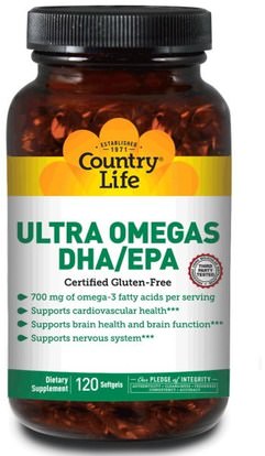 Country Life, Ultra Omegas DHA / EPA, 120 Softgels ,المكملات الغذائية، إيفا أوميجا 3 6 9 (إيبا دا)، دا، إيبا، فيش أويل