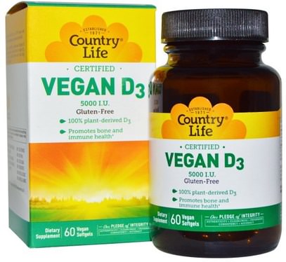 Country Life, Vegan D3, 5000 IU, 60 Vegan Softgels ,الفيتامينات، فيتامين d3