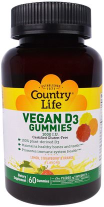 Country Life, Vegan D3 Gummies, Lemon, Strawberry & Orange Flavors, 1000 I.U., 60 Gummies ,الفيتامينات، فيتامين d3، فيتامين د غوميز