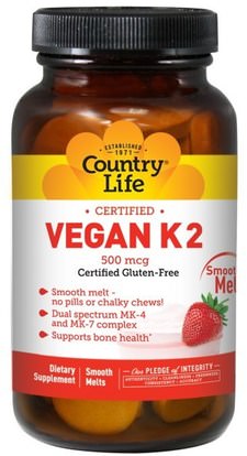 Country Life, Vegan K2, Strawberry, 500 mcg, 60 Smooth Melts ,الفيتامينات، فيتامين k