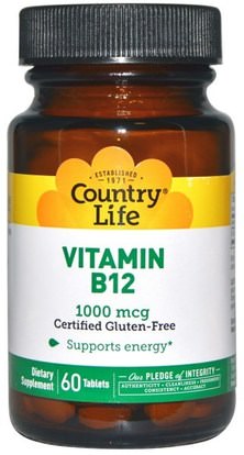 Country Life, Vitamin B12, 1000 mcg, 60 Tablets ,الفيتامينات، فيتامين b12، فيتامين b12 - سيانوكوبالامين