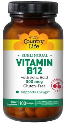 Country Life, Vitamin B12, Sublingual, Cherry Flavor, 500 mcg, 100 Lozenges ,الفيتامينات، فيتامين b12، فيتامين b12 - سيانوكوبالامين