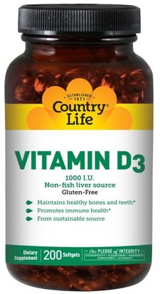 Country Life, Vitamin D3, 1000 IU, 200 Softgels ,الفيتامينات، فيتامين d3