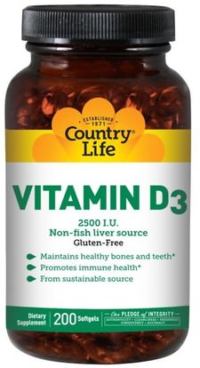 Country Life, Vitamin D3, 2500 I.U., 200 Softgels ,الفيتامينات، فيتامين d3