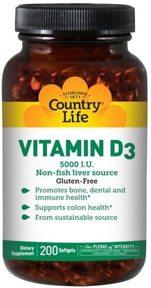 Country Life, Vitamin D3, 5,000 IU, 200 Softgels ,الفيتامينات، فيتامين d3