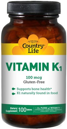 Country Life, Vitamin K1, 100 mcg, 100 Tablets ,الفيتامينات، فيتامين k