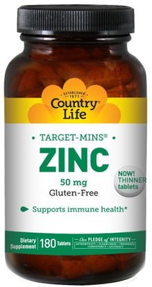 Country Life, Zinc, 50 mg, 180 Tablets ,المكملات الغذائية، المعادن، الزنك