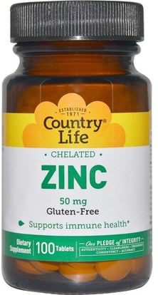 Country Life, Zinc, Chelated, 50 mg, 100 Tablets ,المكملات الغذائية، المعادن، الزنك