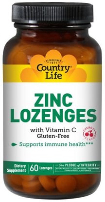Country Life, Zinc Lozenges, with Vitamin C, Cherry Flavor, 60 Lozenges ,المكملات الغذائية، المعادن، الزنك معينات