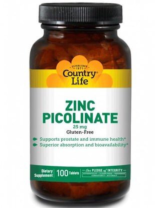 Country Life, Zinc Picolinate, 25 mg, 100 Tablets ,المكملات الغذائية، المعادن، الزنك