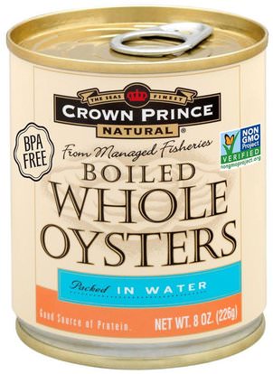 Crown Prince Natural, Boiled Whole Oysters, Packed In Water, 8 oz (226 g) ,الغذاء، التونة والمأكولات البحرية، ولي العهد الأمير المحار الطبيعي والمحار