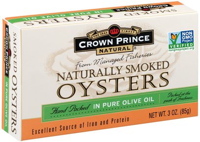 Crown Prince Natural, Naturally Smoked Oysters, In Pure Olive Oil, 3 oz (85 g) ,الغذاء، التونة والمأكولات البحرية، ولي العهد الأمير المحار الطبيعي والمحار