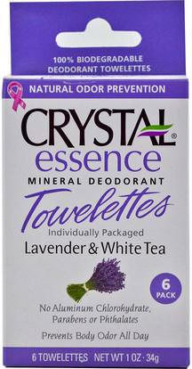 Crystal Body Deodorant, Essence Mineral Deodorant Towelettes, Lavender & White Tea, 6 Towelettes, 0.1 oz (34 g) Each ,حمام، الجمال، مزيل العرق المرأة