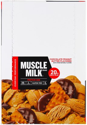 Cytosport, Inc, Muscle Milk, Protein Bar, Chocolate Peanut Butter, 12 Bars, 2.25 oz (64 g) Each ,والرياضة، والمكملات الغذائية، والبروتين