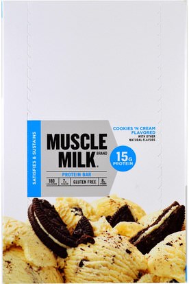 Cytosport, Inc, Muscle Milk, Protein Bar, Cookies N Cream, 12 Bars, 1.76 oz (50 g) Each ,والرياضة، والمكملات الغذائية، والبروتين