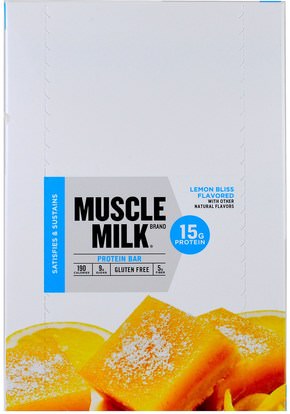 Cytosport, Inc, Muscle Milk, Protein Bar, Lemon Bliss Flavored, 12 Bars, 1.76 oz (50 g) ,والرياضة، والمكملات الغذائية، والبروتين