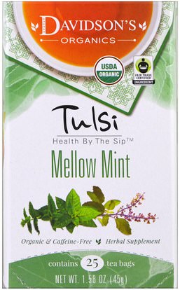 Davidsons Tea, Tulsi, Mellow Mint Tea, Caffeine-Free, 25 Tea Bags, 1.58 oz (45 g) ,الغذاء، الشاي العشبية، تولسي الشاي