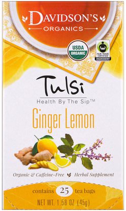 Davidsons Tea, Tulsi, Organic, Ginger Lemon Tea, Caffeine-Free, 25 Tea Bags, 1.58 oz (45 g) ,الغذاء، شاي الأعشاب، شاي الزنجبيل