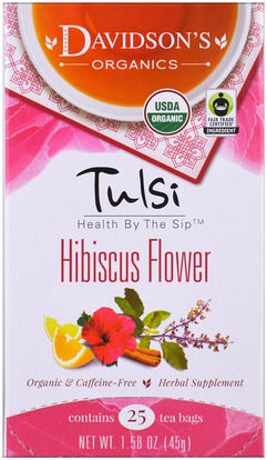 Davidsons Tea, Tulsi, Organic, Hibiscus Flower Tea, Caffeine-Free, 25 Tea Bags, 1.58 oz (45 g) ,الطعام، شاي الأعشاب، الخبازى