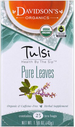Davidsons Tea, Tulsi, Organic, Pure Leaves Tea, Caffeine-Free, 25 Tea Bags, 1.58 oz (45 g) ,الغذاء، الشاي العشبية، تولسي الشاي