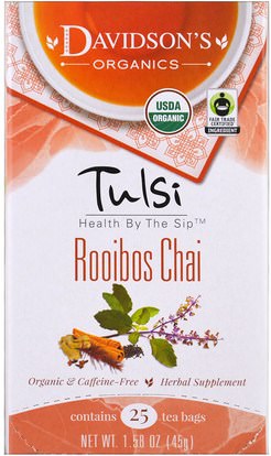 Davidsons Tea, Tulsi, Organic, Rooibos Chai Tea, Caffeine-Free, 25 Tea Bags, 1.58 oz (45 g) ,الغذاء، الشاي العشبية، تولسي الشاي